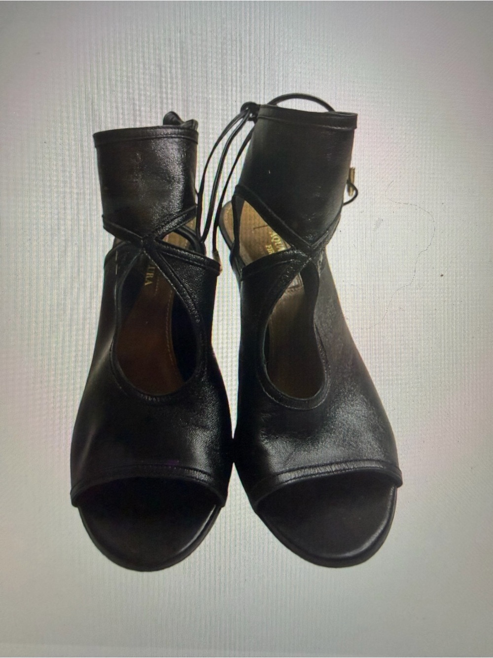 Aquazzura Shoe Black Leather Tie Back Open Toe Heel Size 37 1/2